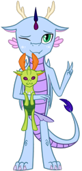 Size: 650x1350 | Tagged: safe, artist:ev_spial, imported from derpibooru, thorax, oc, oc:spial, changeling, dragon, derpibooru community collaboration, 2024 community collab, antlers, claws, looking at you, one eye closed, plushie, simple background, transparent background, wink