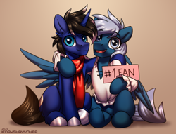 Size: 3000x2296 | Tagged: safe, artist:jedayskayvoker, imported from derpibooru, oc, oc:blue shadow, oc:night reader, pegasus, pony, unicorn, clothes, colored sketch, cute, fluffy, folded wings, hooves, horn, hug, male, males only, pegasus oc, scarf, shirt, sign, sketch, spread wings, unicorn oc, wholesome, winghug, wings