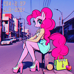 Size: 1024x1024 | Tagged: safe, imported from derpibooru, pinkie pie, anthro, ai content, ai generated, apple, bag, building, car, city, clothes, cute, fading, female, food, handbag, high heels, irl, looking at you, nostalgia, orange, photo, power line, prompter:horselover fat, retro, shoes, sitting, solo, street, timestamp