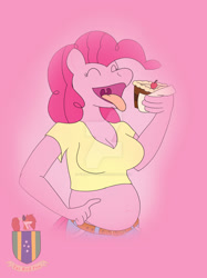 Size: 1024x1366 | Tagged: safe, artist:tairedfox, imported from derpibooru, pinkie pie, anthro, cake, chubby, eyes closed, female, food, simple background, solo, tongue out