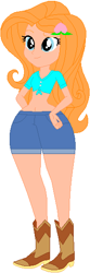 Size: 187x562 | Tagged: safe, artist:sturk-fontaine, imported from derpibooru, oc, oc only, oc:peach blossom, human, equestria girls, base used, boots, child bearing hips, clothes, cowboy boots, front knot midriff, hairclip, hand on hip, midriff, shoes, simple background, white background, wide hips