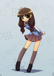 Size: 2508x3528 | Tagged: safe, artist:howxu, imported from derpibooru, oc, oc only, oc:macdolia, human, clothes, female, humanized, humanized oc, looking at you, pigtails, remake, school uniform, simple background, smiling, smiling at you, starswirl academy, starswirl academy uniform