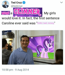 Size: 500x581 | Tagged: safe, imported from derpibooru, starlight glimmer, human, pony, unicorn, costs real money, female, gameloft, irl, irl human, male, mare, meme, meta, my little pony: magic princess, photo, politics, ted cruz, text, wow! glimmer, x (platform)