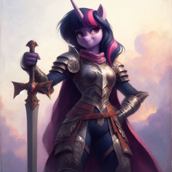 Size: 2048x2048 | Tagged: safe, imported from derpibooru, twilight sparkle, anthro, unicorn, ai content, ai generated, armor, cloak, clothes, cloud, generator:bing image creator, prompter:krivovyaz, smiling, solo, sword, weapon