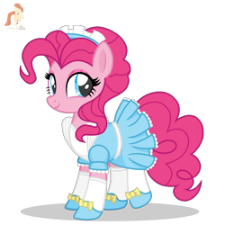 Size: 2288x2288 | Tagged: safe, artist:r4hucksake, imported from derpibooru, pinkie pie, earth pony, pony, alternate hairstyle, base used, bow, clothes, cute, diapinkes, dress, eyeshadow, female, high res, looking at you, maid, maid headdress, makeup, mare, pinkie maid, shoes, simple background, smiling, smiling at you, socks, solo, transparent background