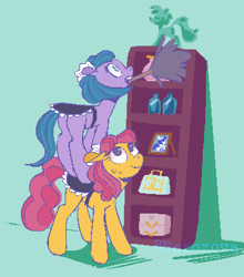 Size: 1440x1640 | Tagged: safe, artist:berozova, imported from derpibooru, tote bag (g4), earth pony, pony, blank flank, bottle, butt, cleaning, clothes, duo, duo female, duster, dusting, female, indoors, looking up, maid, maid headdress, mare, mouth hold, picture, plot, purse, signature, smiling, tail, twinkleworks