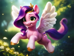 Size: 4096x3072 | Tagged: safe, imported from derpibooru, pipp petals, adorapipp, ai content, ai generated, crown, cute, flower, flying, g5, generator:pony diffusion v6 xl, generator:purplesmart.ai, generator:stable diffusion, jewelry, prompter:kluknawa235, regalia, smiling