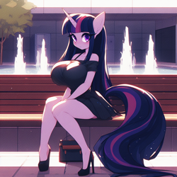 Size: 1024x1024 | Tagged: safe, imported from derpibooru, twilight sparkle, anthro, unicorn, adorasexy, ai content, ai generated, beautiful, bench, big breasts, blushing, breasts, busty twilight sparkle, clothes, curvy, cute, dress, female, fountain, high heels, huge breasts, looking at you, park bench, petite, prompter:horselover fat, purse, sexy, shoes, sitting, solo, tree