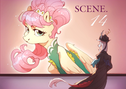 Size: 1393x980 | Tagged: safe, artist:miss_glowwormis, imported from derpibooru, discord, fluttershy, draconequus, pegasus, pony, billboard, clothes, coat, dress, female, hat, male, mare