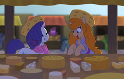 Size: 4022x2554 | Tagged: safe, artist:carnifex, imported from derpibooru, rarity, pony, unicorn, cheese, cheese hat, chip and dale rescue rangers, clothes, crisis equestria, festival, food, gadget hackwrench, hat, market, ponified, scarf