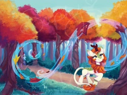 Size: 2550x1912 | Tagged: safe, artist:saphypone, imported from derpibooru, autumn blaze, kirin, autumn, autumn leaves, forest, leaf, leaves, nature, road, smiling, solo focus, tree, wind