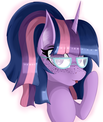 Size: 3240x3840 | Tagged: safe, artist:krymak, imported from derpibooru, twilight sparkle, freckles, glasses, ponytail, simple background, solo, tongue out, white background