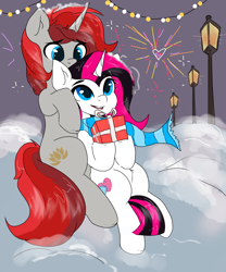 Size: 2500x3000 | Tagged: safe, imported from derpibooru, oc, oc only, pony, unicorn, clothes, couple, fireworks, love, present, scarf, streetlight, string lights, striped scarf