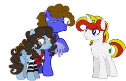 Size: 3880x2496 | Tagged: safe, artist:welcome-rose, imported from derpibooru, oc, oc only, oc:badgering badger, oc:lucky charm, oc:silly scribe, pegasus, pony, unicorn, derpibooru community collaboration, 2024 community collab, bandana, clothes, commission, ear fluff, gloves, male, raised hoof, shirt, simple background, size difference, stallion, transparent background, trio