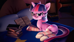 Size: 3840x2160 | Tagged: safe, artist:psfmer, imported from derpibooru, twilight sparkle, pony, unicorn, 3d, annoyed, bed, book, bookhorse, butt, clothes, female, frown, glasses, high res, lying down, mare, plot, socks, solo, source filmmaker, striped socks, that pony sure does love books, twilight sparkle is not amused, unamused, unicorn twilight, wavy mouth