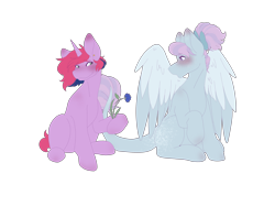 Size: 2732x2048 | Tagged: safe, artist:snows-undercover, derpibooru exclusive, imported from derpibooru, oc, oc only, oc:iris breeze, oc:lilac, pegasus, pony, unicorn, derpibooru community collaboration, 2024 community collab, blushing, bow, cute, duo, female, flower, freckles, hair bow, leonine tail, lesbian, looking at each other, looking at someone, oc x oc, shipping, simple background, sitting, tail, transparent background