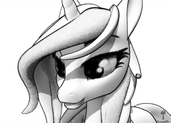 Size: 1702x1216 | Tagged: safe, artist:teonanakatle, imported from derpibooru, pony, unicorn, 3d, black and white, grayscale, monochrome, simple background, solo, white background, wip