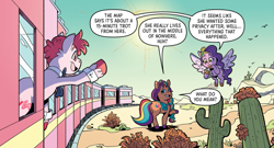 Size: 1103x594 | Tagged: safe, idw, imported from derpibooru, pipp petals, sunny starscout, earth pony, pegasus, pony, spoiler:comic, spoiler:g5comic, cactus, comic, desert, dialogue, female, g5, mane stripe sunny, mare, my little pony: kenbucky roller derby, phone, skates, train, train tracks, unnamed character, unnamed pony