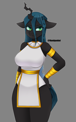 Size: 1266x2012 | Tagged: safe, artist:handgunboi, imported from derpibooru, queen chrysalis, anthro, changeling, changeling queen, clothes, dress, egyptian, female, solo