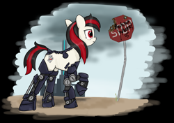 Size: 1493x1054 | Tagged: safe, artist:derpy_fan, imported from derpibooru, oc, oc only, oc:blackjack, cyborg, unicorn, fallout equestria, fallout equestria: project horizons, amputee, fanfic art, female, looking at something, mare, prosthetic limb, prosthetics, quadruple amputee, road sign, vulgar, whore