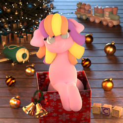 Size: 2160x2160 | Tagged: safe, artist:dcd, imported from derpibooru, oc, oc only, earth pony, pony, 3d, 3d model, adorable face, blender, blender cycles, blocks, christmas, christmas lights, christmas tree, chubby, chubby cheeks, clothes, cute, day, earth pony oc, female, floppy ears, happy, holiday, mare, mistletoe, moonlight, night, ornament, pony oc, present, ribbon, scarf, smiling, solo, solo female, solo focus, tree, wrapping paper