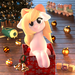 Size: 2160x2160 | Tagged: safe, artist:dcd, imported from derpibooru, oc, oc only, earth pony, pony, 3d, 3d model, adorable face, blender, blender cycles, blocks, christmas, christmas lights, christmas tree, chubby, chubby cheeks, clothes, cute, day, earth pony oc, female, floppy ears, happy, holiday, mare, mistletoe, moonlight, night, ornament, pony oc, present, ribbon, scarf, smiling, solo, solo female, solo focus, tree, wrapping paper