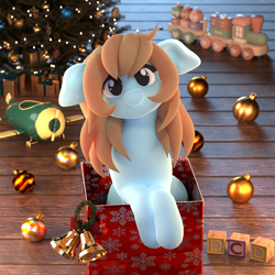 Size: 2160x2160 | Tagged: safe, artist:dcd, imported from derpibooru, oc, oc only, earth pony, pony, 3d, 3d model, adorable face, blender, blender cycles, blocks, christmas, christmas lights, christmas tree, chubby, chubby cheeks, clothes, cute, day, earth pony oc, female, floppy ears, happy, holiday, mare, mistletoe, moonlight, night, ornament, pony oc, present, ribbon, scarf, smiling, solo, solo female, tree, wrapping paper