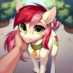 Size: 4096x4096 | Tagged: safe, imported from derpibooru, roseluck, human, pony, ai content, ai generated, behaving like a cat, collar, cute, generator:purplesmart.ai, generator:stable diffusion, hand, offscreen character, offscreen human, pet tag, petting, pony pet, prompter:doom9454, rosepet, standing