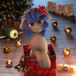 Size: 2160x2160 | Tagged: safe, artist:dcd, imported from derpibooru, oc, oc only, earth pony, pony, 3d, 3d model, adorable face, blender, blender cycles, blocks, christmas, christmas lights, christmas tree, chubby, chubby cheeks, clothes, cute, day, earth pony oc, floppy ears, happy, holiday, mistletoe, moonlight, night, ornament, pony oc, present, ribbon, scarf, smiling, tree, wrapping paper