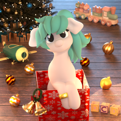 Size: 2160x2160 | Tagged: safe, artist:dcd, imported from derpibooru, oc, oc only, earth pony, pony, 3d, 3d model, adorable face, blender, blender cycles, blocks, christmas, christmas lights, christmas tree, chubby, chubby cheeks, clothes, cute, day, earth pony oc, female, floppy ears, happy, holiday, mare, mistletoe, moonlight, night, ornament, pony oc, present, ribbon, scarf, smiling, solo, solo female, solo focus, tree, wrapping paper