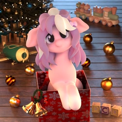 Size: 2160x2160 | Tagged: safe, artist:dcd, imported from derpibooru, oc, oc only, earth pony, pony, 3d, 3d model, adorable face, blender, blender cycles, blocks, box, christmas, christmas lights, christmas tree, chubby, chubby cheeks, clothes, cute, day, earth pony oc, female, floppy ears, happy, heterochromia, holiday, mare, mistletoe, moonlight, night, ornament, pony in a box, pony oc, present, ribbon, scarf, smiling, solo, solo female, solo focus, tree, wrapping paper