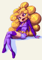 Size: 2943x4201 | Tagged: safe, artist:shadowhawx, imported from derpibooru, adagio dazzle, human, siren, equestria girls, big eyes, big hair, blonde, blonde hair, boots, clothes, crossed legs, curly hair, ear piercing, earring, eyelashes, fingerless gloves, gloves, hand on chest, high heel boots, jacket, jewelry, open mouth, piercing, shoes, shorts, sitting, skinny, solo, thigh boots, thin