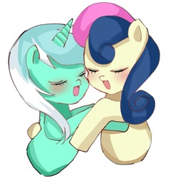 Size: 1405x1405 | Tagged: safe, artist:m09160, imported from derpibooru, bon bon, lyra heartstrings, sweetie drops, earth pony, pony, unicorn, duo, female, lesbian, lyrabon, shipping