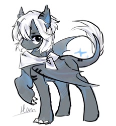 Size: 882x956 | Tagged: safe, imported from derpibooru, oc, oc only, oc:棱, hybrid, pony, claws, colored pinnar, ear tufts, folded wings, gray eyes, horns, leonine tail, neckerchief, raised claw, simple background, solo, standing, striped ears, tail, white background, wings