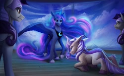 Size: 3000x1831 | Tagged: safe, artist:klarapl, imported from derpibooru, princess luna, oc, oc:lotus cinder, alicorn, kirin, pegasus, fanfic:words of power, armor, cloud, fanfic art, kirin oc, kneeling, mountain, night guard, night guard armor, pegasus oc, plank, spread wings, window, wings