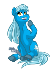 Size: 980x1300 | Tagged: safe, artist:texasuberalles, imported from derpibooru, oc, oc only, oc:bleu cheese, pony, derpibooru community collaboration, 2024 community collab, colored hooves, female, looking up, mare, simple background, sitting, solo, transparent background, underhoof, wrench