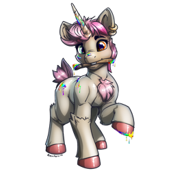 Size: 2784x2784 | Tagged: safe, artist:rainihorn, imported from derpibooru, oc, oc only, oc:lollipop, unicorn, derpibooru community collaboration, 2024 community collab, community collab, heterochromia, male, paint, painting, rainbow, simple background, solo, stallion, transparent background