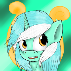 Size: 3000x3000 | Tagged: safe, artist:xrainbow-chocobox, imported from twibooru, lyra heartstrings, pony, unicorn, abstract background, bust, cutie mark, female, image, looking sideways, mare, open mouth, png, smiling, solo
