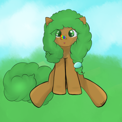 Size: 2300x2300 | Tagged: safe, artist:xrainbow-chocobox, imported from twibooru, oc, oc only, oc:earthsong, butterfly, earth pony, insect, pony, :o, butterfly on nose, female, grass, image, insect on nose, mare, open mouth, png, sitting, solo