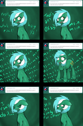 Size: 3352x5088 | Tagged: safe, artist:xrainbow-chocobox, imported from twibooru, lyra heartstrings, pony, unicorn, abstract background, ask discorded lyra, comic, discorded lyra, frown, image, looking sideways, no tail, open mouth, png, sitting, text, tumblr