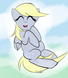 Size: 1400x1600 | Tagged: safe, artist:xrainbow-chocobox, imported from twibooru, derpy hooves, pegasus, pony, cloud, cute, derpabetes, eyes closed, female, folded wings, image, mare, on a cloud, on back, open mouth, png, sky, smiling, wings