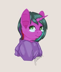Size: 3000x3500 | Tagged: safe, artist:lunayourlife, imported from derpibooru, oc, oc only, pony, unicorn, clothes, female, glasses, green eyes, green hair, high res, hoodie, looking at you, mare, simple background