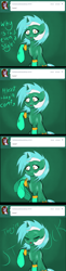 Size: 1800x7352 | Tagged: safe, artist:xrainbow-chocobox, imported from twibooru, lyra heartstrings, oc, unnamed oc, pony, unicorn, ask discorded lyra, clothes, comic, dialogue, discorded lyra, eyes closed, female, image, mare, open mouth, png, raised eyebrow, socks, stuck, tumblr