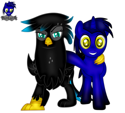 Size: 4608x4154 | Tagged: safe, artist:damlanil, imported from derpibooru, oc, oc:damlanil, oc:nightlight aura, griffon, pony, unicorn, derpibooru community collaboration, 2024 community collab, commission, duo, female, griffonized, horn, looking at you, male, open mouth, open smile, raised hoof, show accurate, simple background, smiling, species swap, stallion, transparent background, vector, wings
