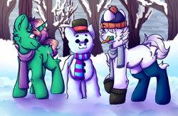 Size: 1680x1094 | Tagged: safe, artist:black_marker, imported from derpibooru, oc, earth pony, unicorn, carrot, clothes, commission, duo, duo male, earth pony oc, food, forest, hat, horn, male, mittens, nature, scarf, snow, snowpony, socks, tree, unicorn oc, winter, winter outfit, ych example, ych result, your character here