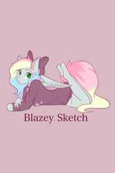 Size: 1365x2048 | Tagged: safe, artist:mscolorsplash, imported from derpibooru, oc, oc only, oc:blazey sketch, anthro, pegasus, pony, unguligrade anthro, bow, colored pupils, female, hair bow, looking at you, lying down, mare, multicolored hair, prone, purple background, rainbow hair, simple background, solo, the pose