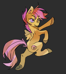 Size: 1942x2197 | Tagged: safe, artist:gamagama6, imported from derpibooru, scootaloo, pegasus, pony, bipedal, chest fluff, dynamic pose, ear fluff, eyebrows, eyebrows visible through hair, gray background, high res, raised arm, raised leg, simple background, solo, standing, standing on one leg, underhoof