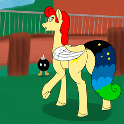 Size: 1000x1000 | Tagged: safe, artist:saint boniface, imported from derpibooru, oc, oc:power star, pegasus, pony, bob-omb, butt, chest fluff, dock, plot, rule 85, solo, super mario 64, super mario bros., tail