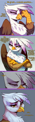 Size: 2000x6932 | Tagged: safe, artist:rupert, imported from derpibooru, gilda, griffon, series:ask white belly gilda, ai assisted, ai content, ai generated, ask, crossed arms, crying, dialogue, female, former bully, generator:pony diffusion v6 xl, generator:stable diffusion, gilda is not amused, high res, pale belly, prompter:rupert, sad, solo, teary eyes, tumblr, unamused, white belly