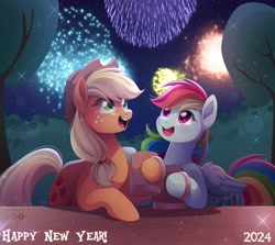 Size: 2048x1827 | Tagged: safe, artist:applesartt, imported from derpibooru, applejack, rainbow dash, appledash, cider mug, drink, drinking, female, fireworks, lesbian, mug, night, shipping, tree